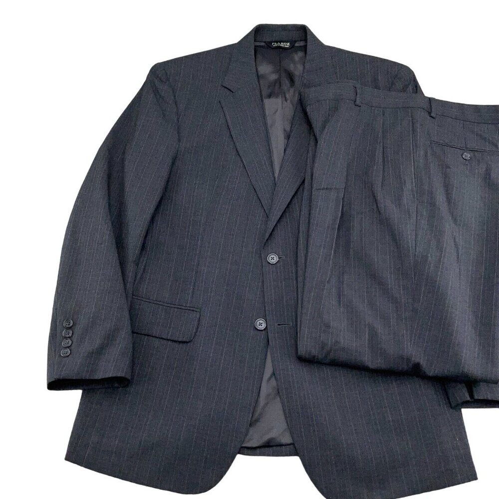 Jos A‎ Bank Suit Men 41R 35Wx29L Gray Tan Pinstripe Classic Career Wool VTG 2pc